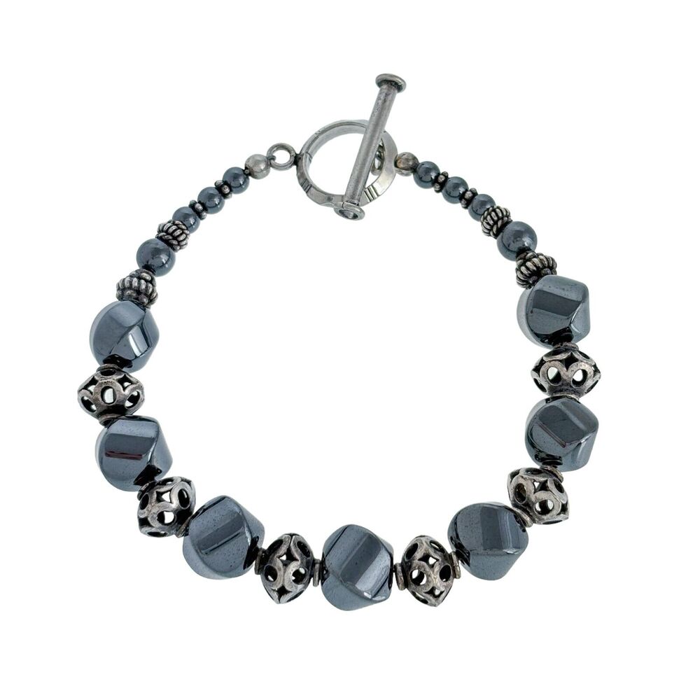 Vintage Sterling Silver 925 Graduated Hematite Beaded Toggle Bracelet | 8"